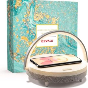 EZVALO Lampada da Comodino, con 10W Ricarica Wireless Audio Bluetooth, Camera da Letto Regolabile 3 Livelli Luminosità Touch, Luce Notturna da Letto Soggiorno Ufficio, Regalo per San Valentino